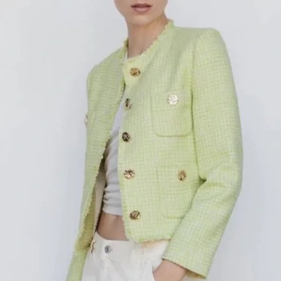 Mango Jackets & Blazers - Mango MNG Tweed Preppy Boho Spring Summer Classic Blazer Jacket Lime Green - Sm